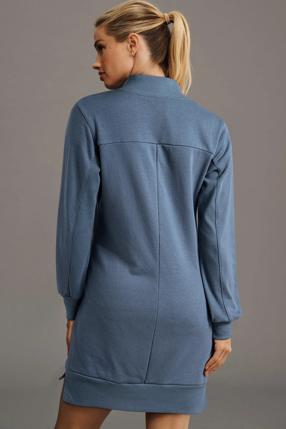 Black Zip up Collared Ribbed Patchwork Sweatshirt Dress with Pockets