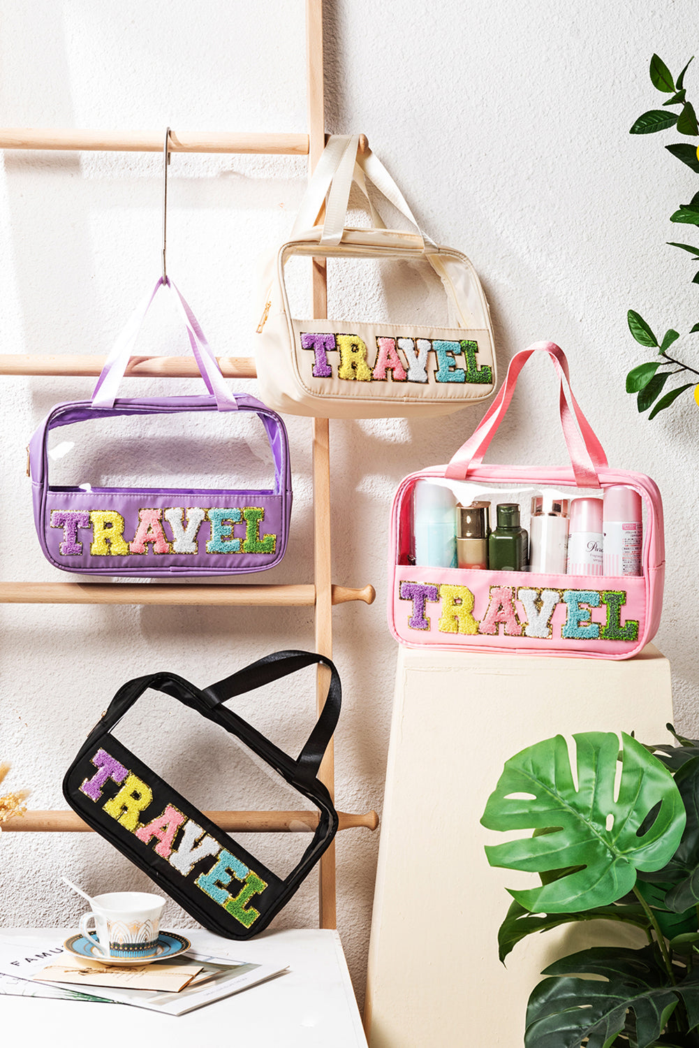 Parchment TRAVEL Chenille Letter Clear PVC Makeup Bag