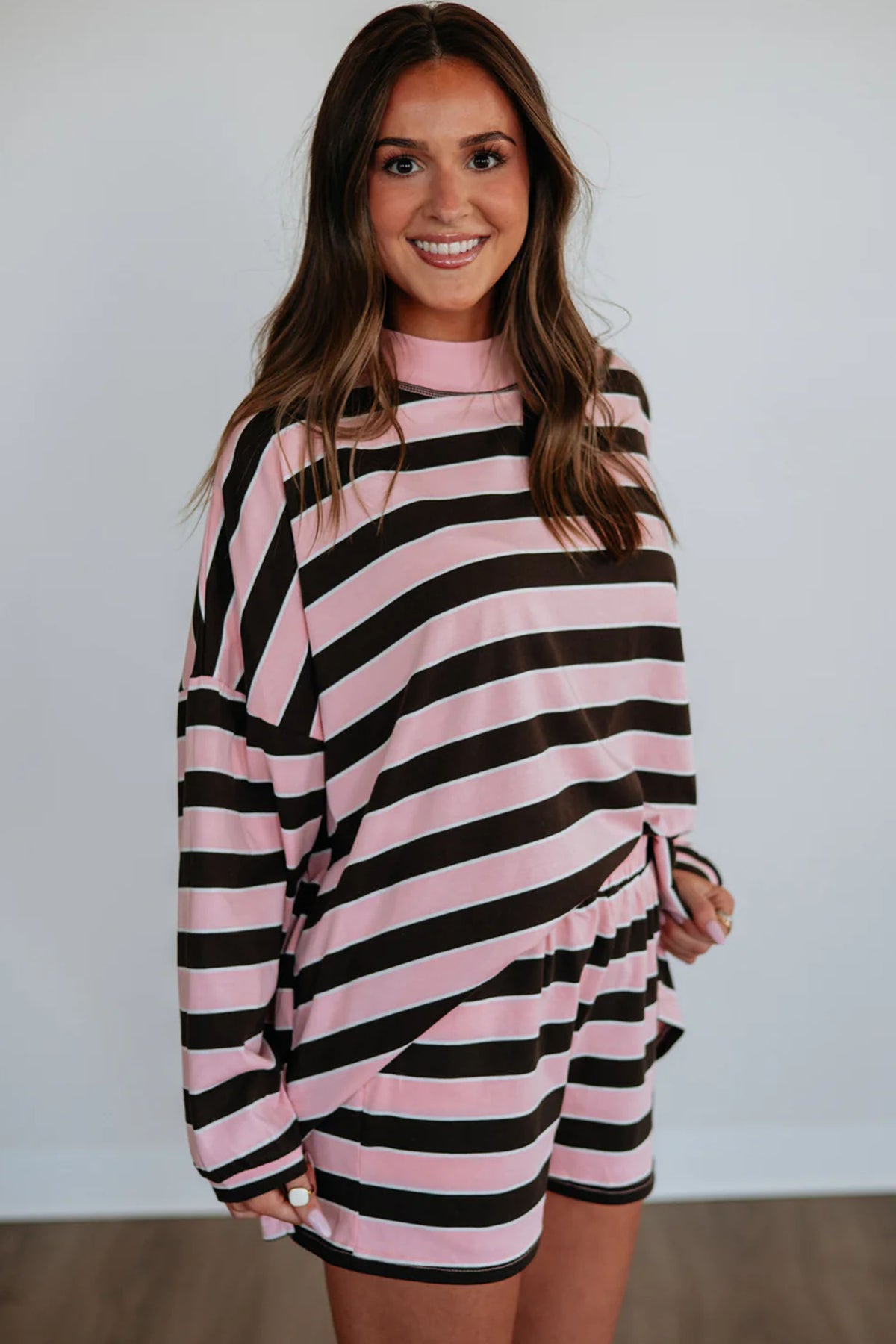 Pink Stripe Oversized Long Sleeve Top Elastic Waist Shorts Casual 2pcs Set