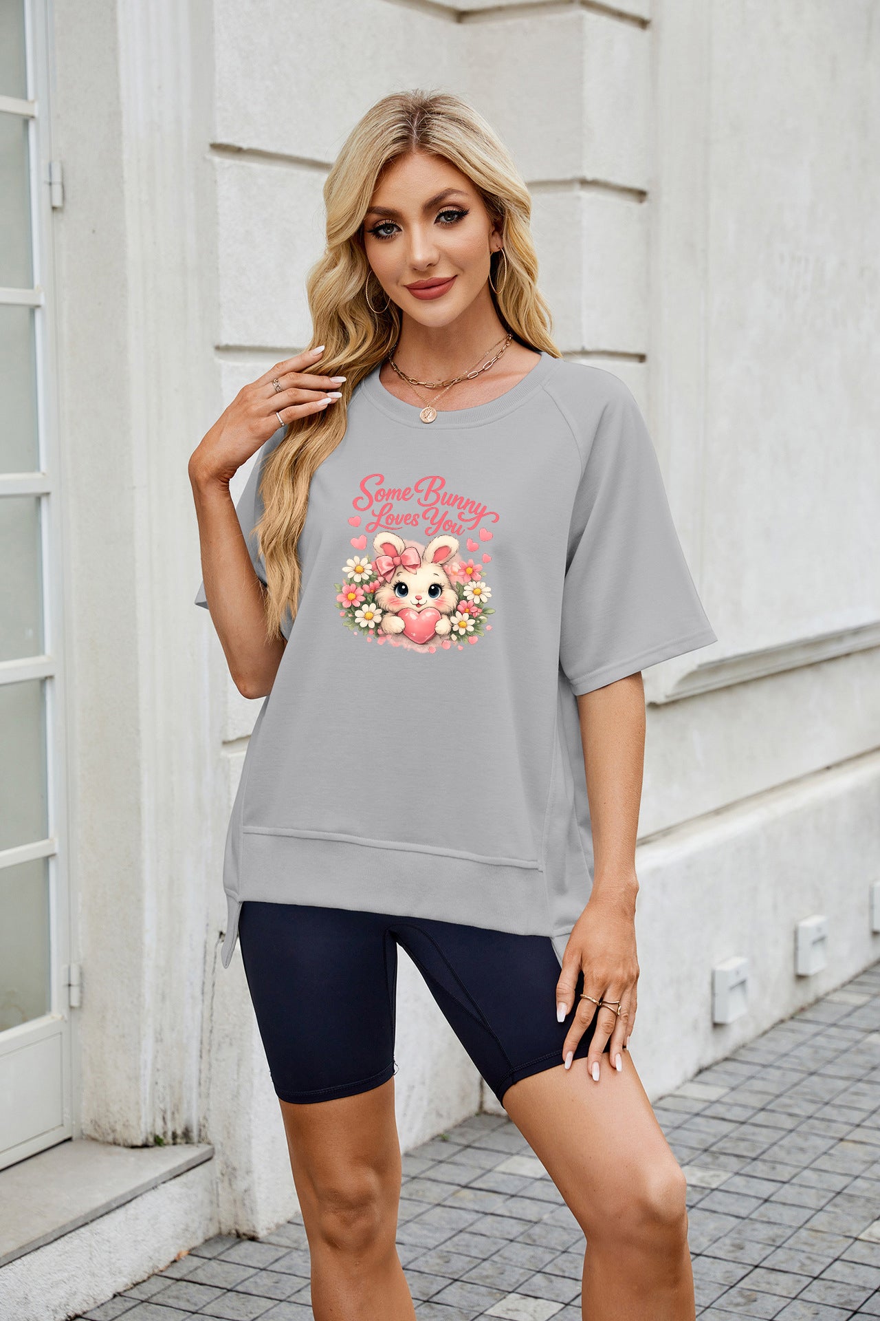 Easter Bunny Bow Graphic Casual Crewneck T Shirt