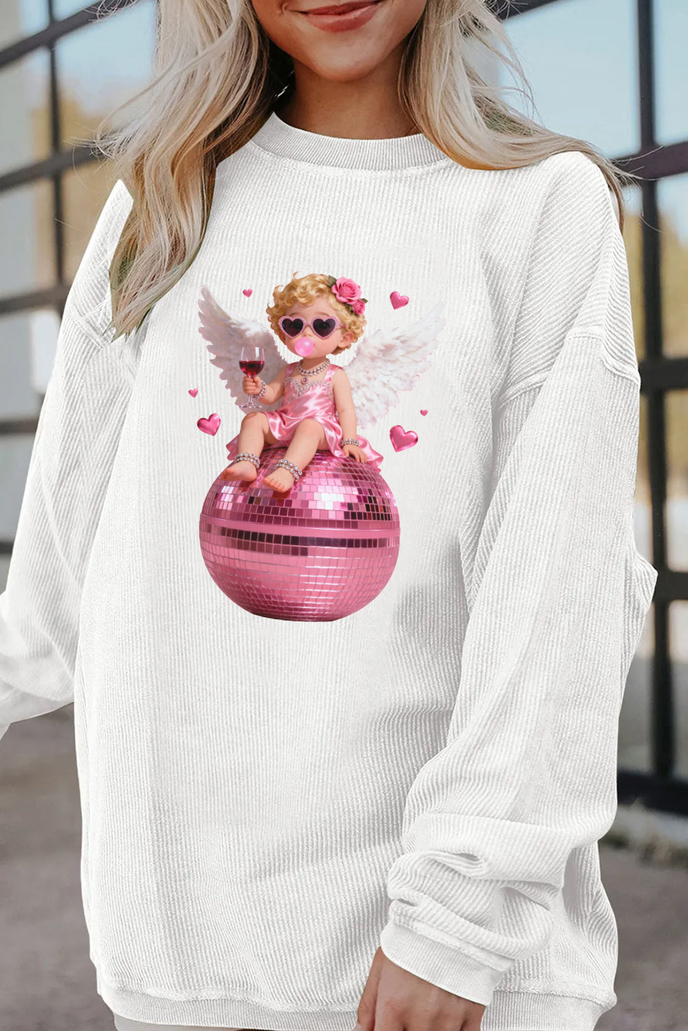 Valentine’s Day Pink Angel Disco Ball Graphic Sweatshirt