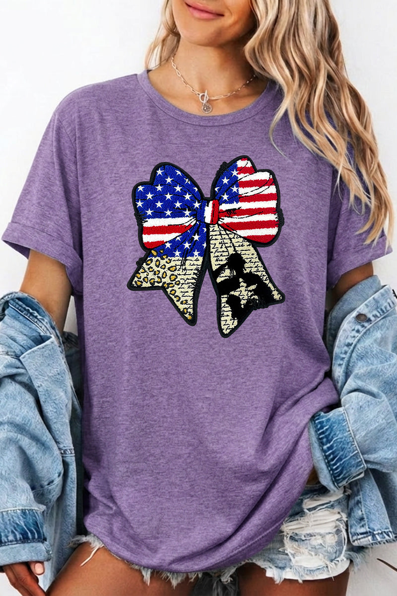 July 4th USA Flag Bow Graphic T Shirt Women