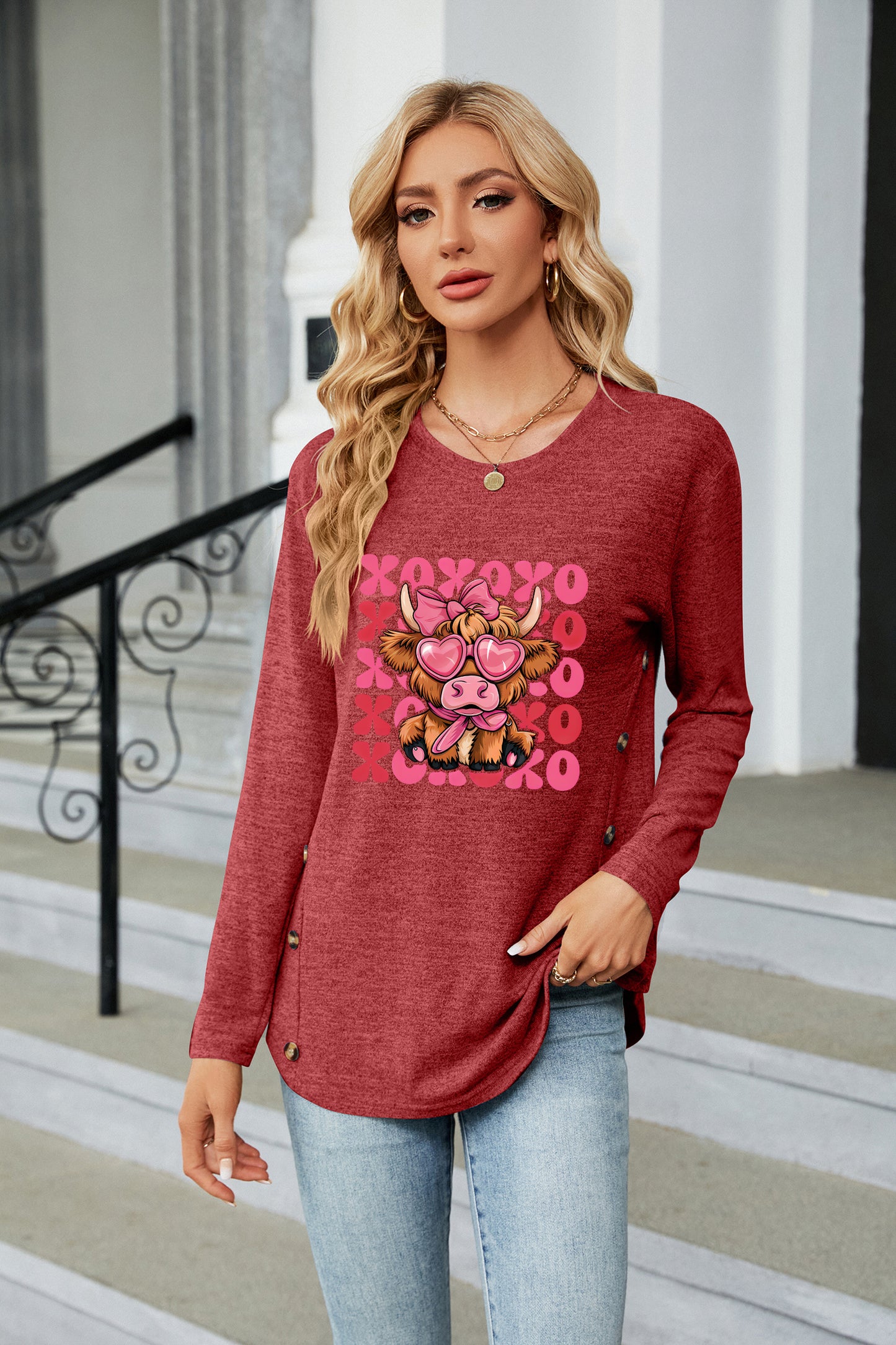 Valentine's Day Cute Pig XOXO Graphic Long Sleeve Top