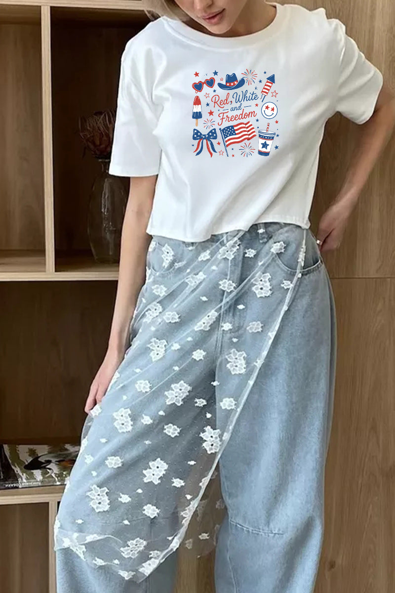 Patriotic Graphic Tee Lace Patchwork Freedom Top