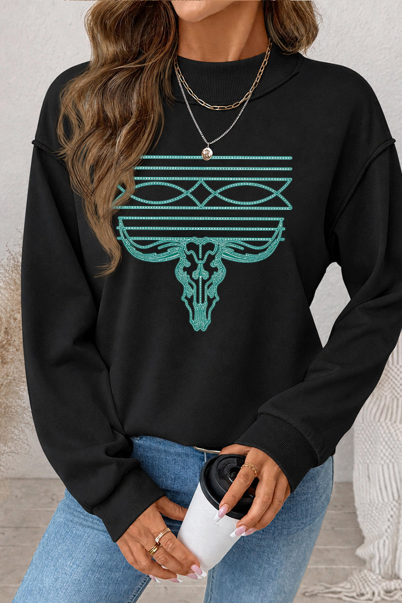 Western Bull Skull Graphic Mock Neck Sweatshirt