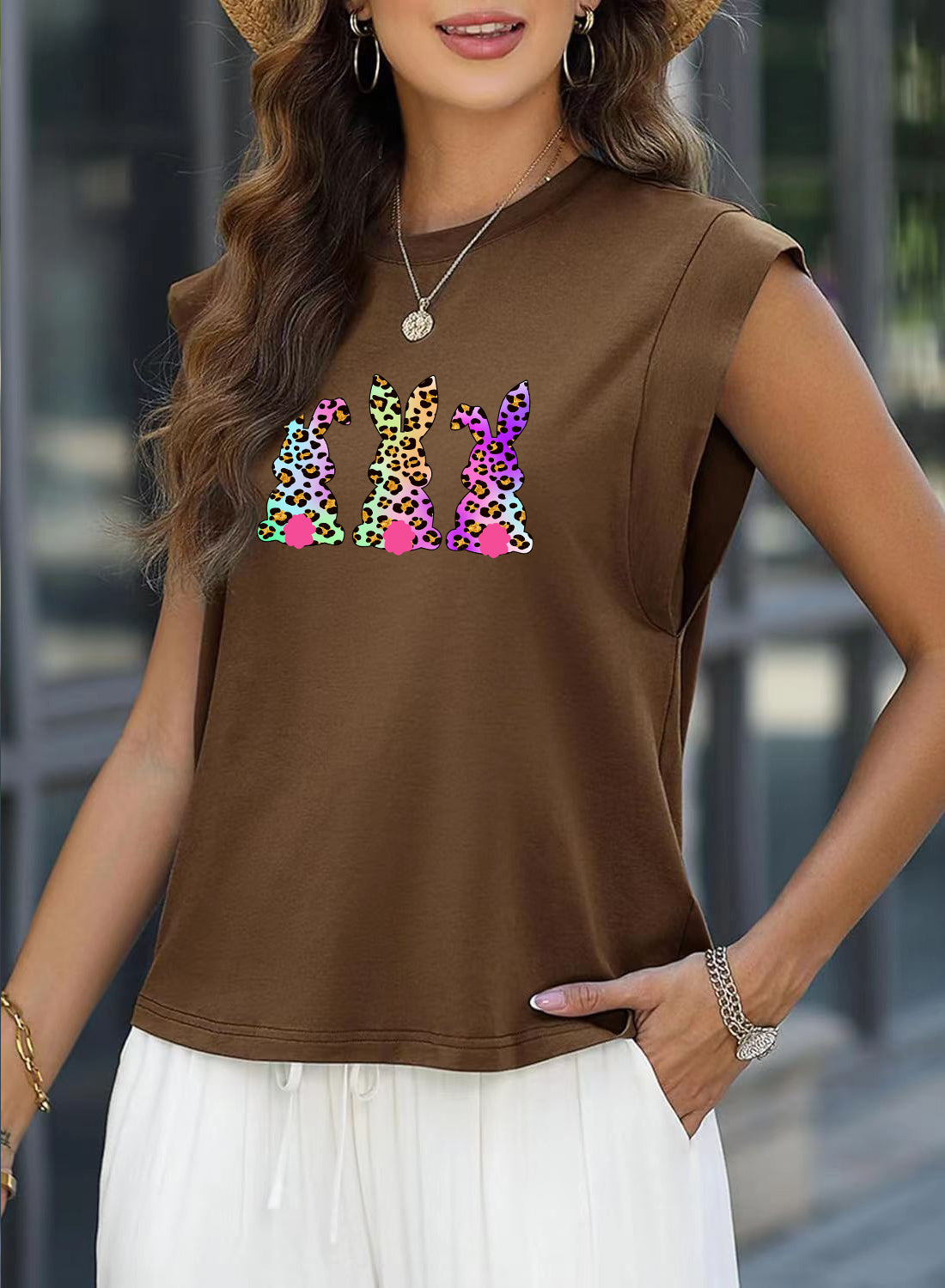 Easter Sequin Bunny Graphic Sleeveless Casual Top