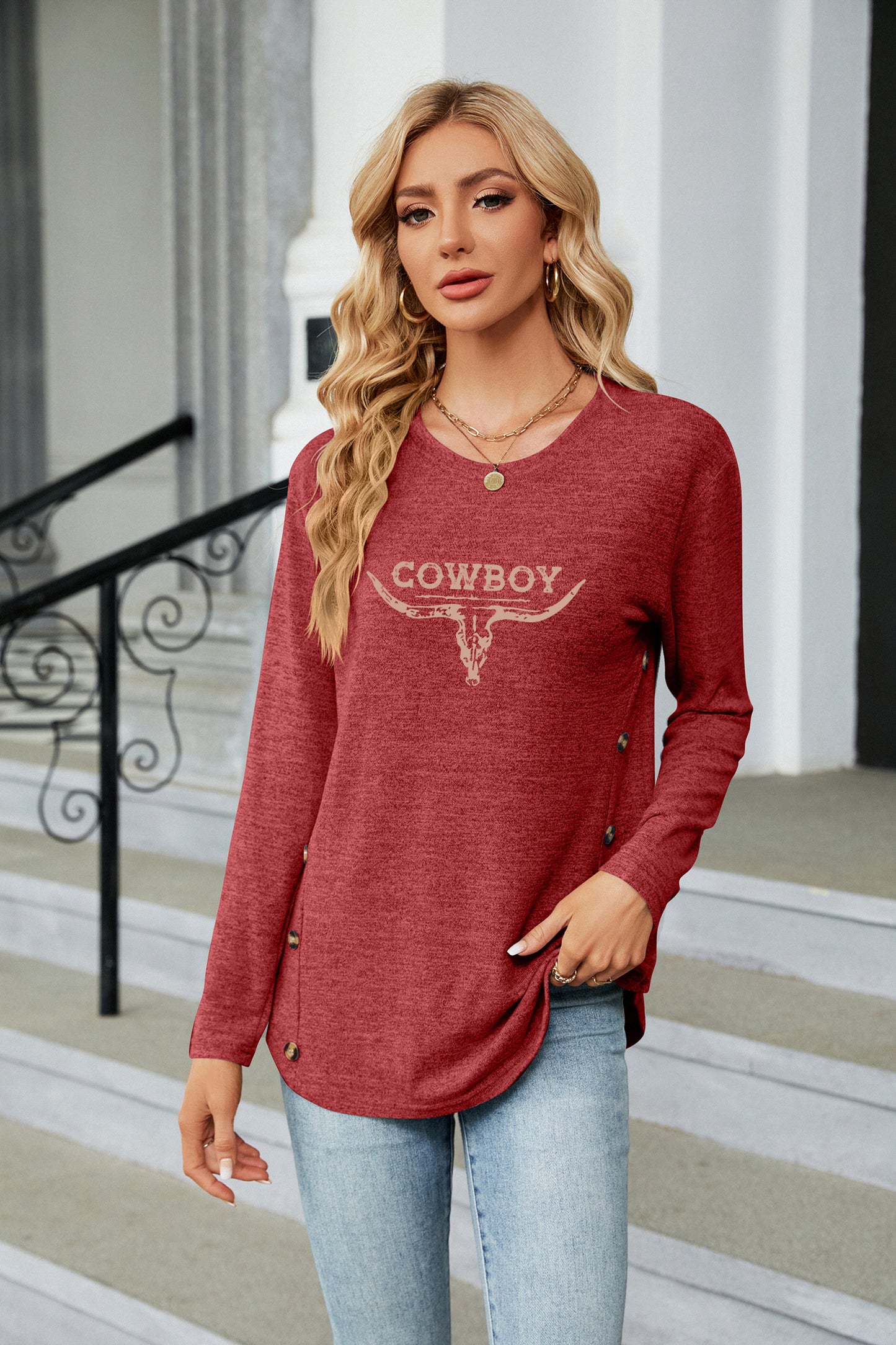 Western Cowboy Bull Graphic Long Sleeve Top