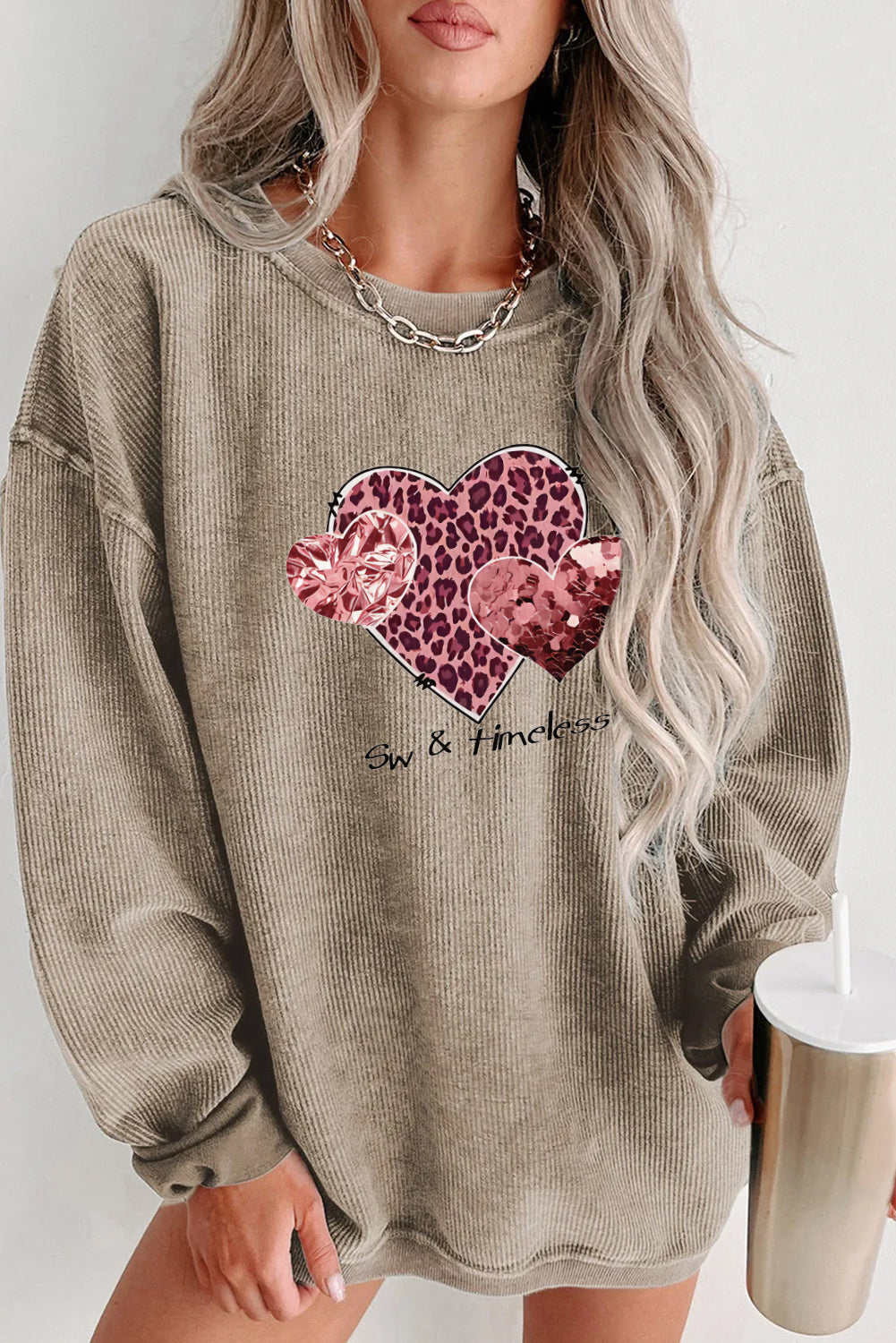 Valentine's Day Leopard Heart Sequin Black Corduroy Sweatshirt