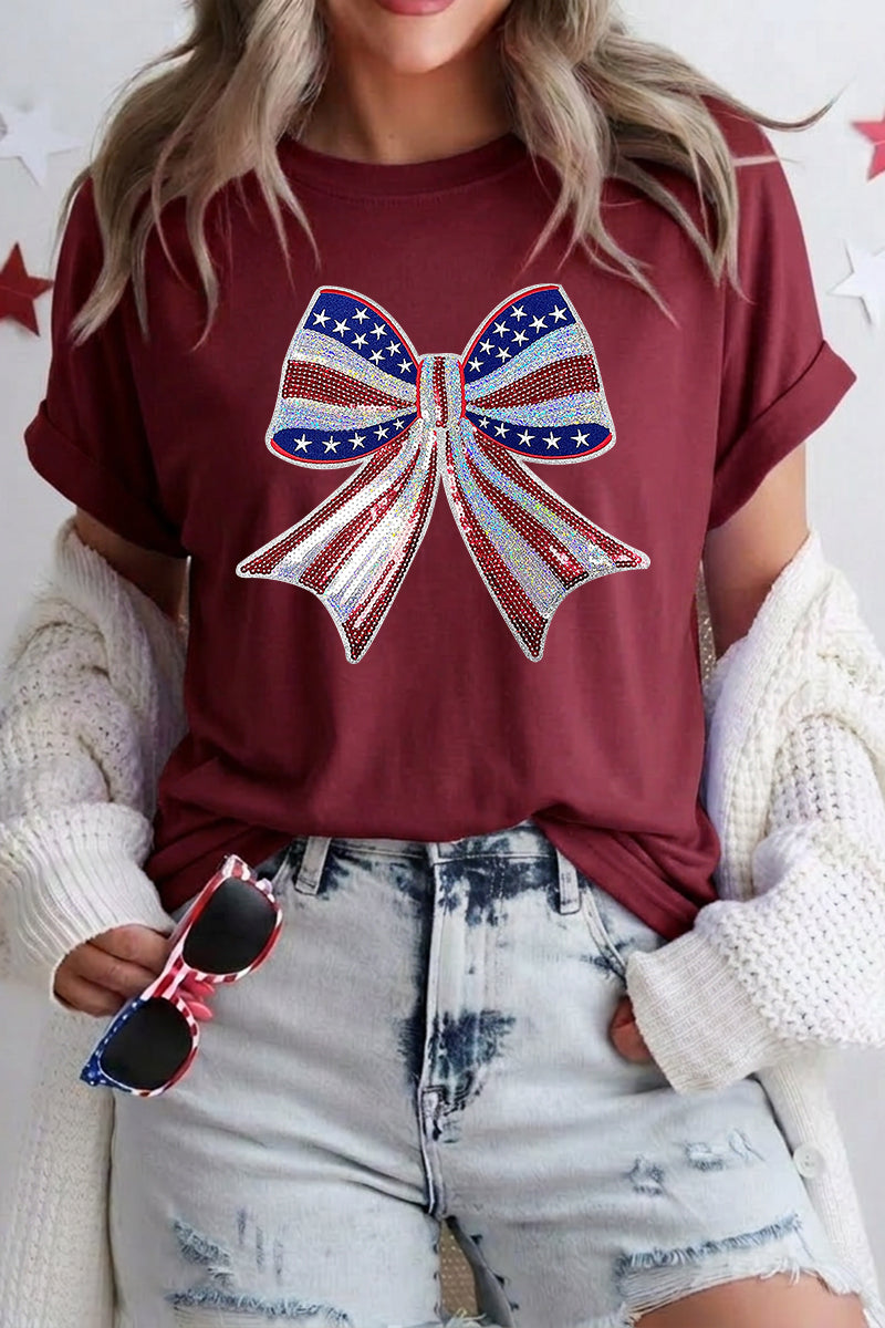 4th of July Bow Graphic Tee Women Patriotic Top