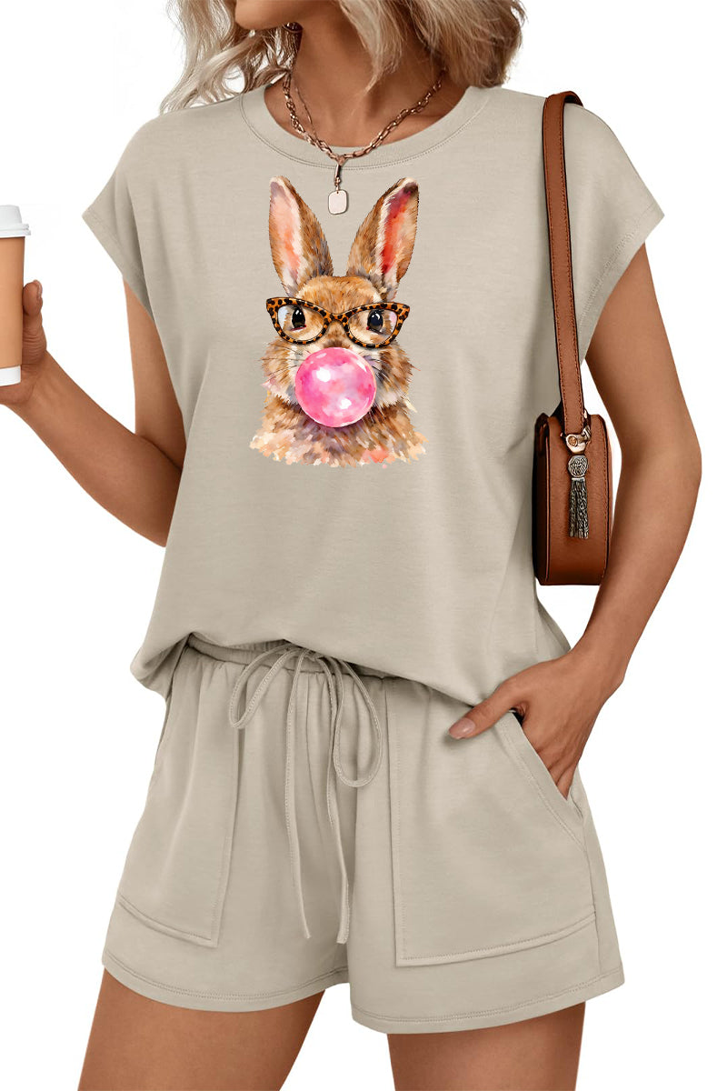 Easter Bunny Graphic Two Piece Shorts Set Women Spring