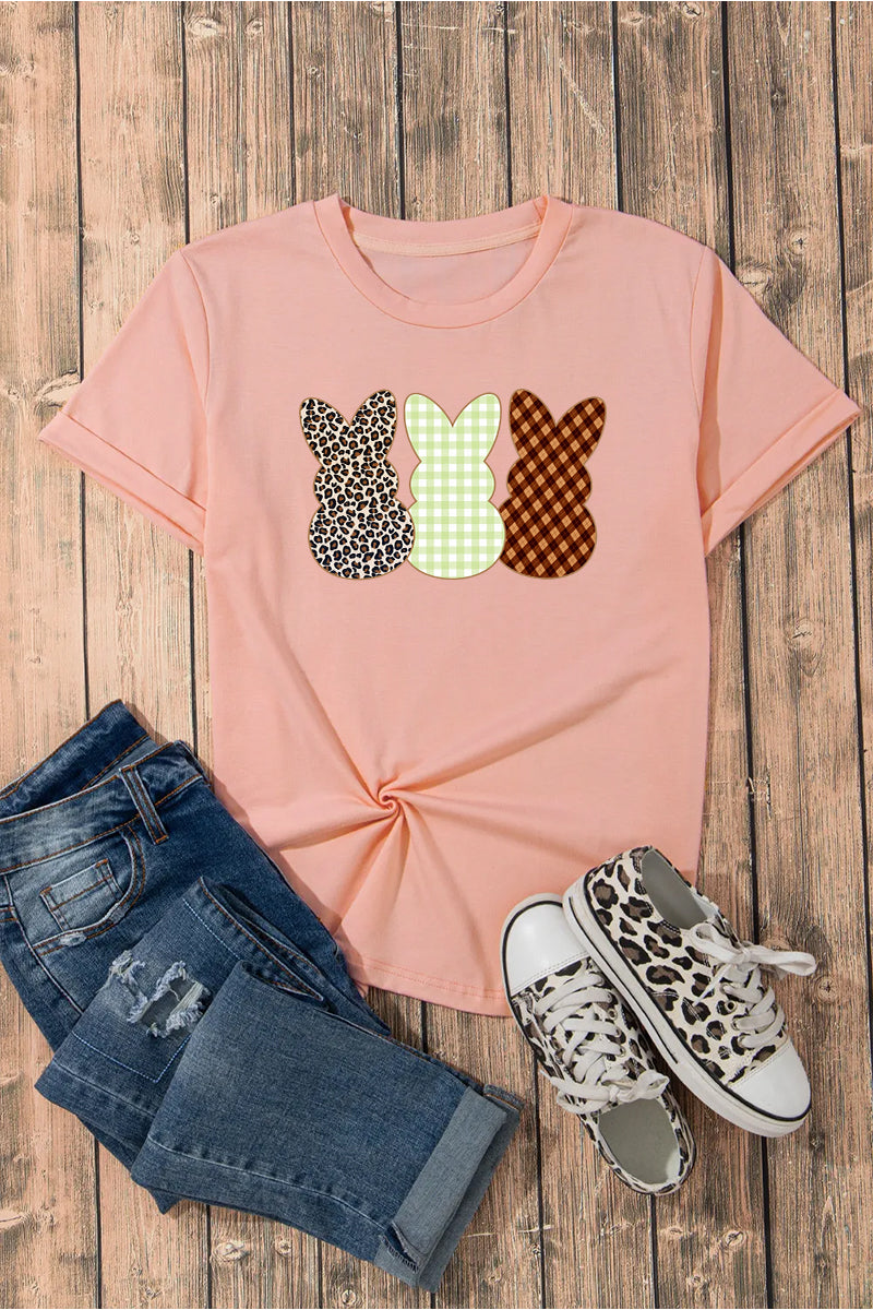 Three Bunny Graphic Tee Women Easter Spring Casual Shirt