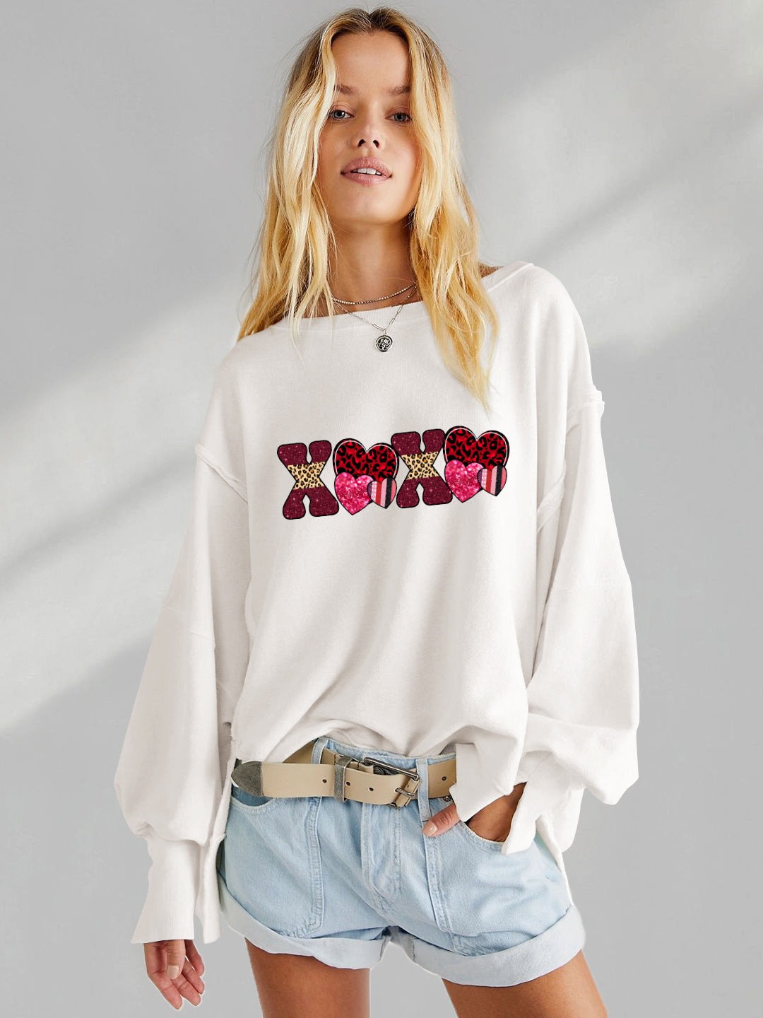 Valentine's Day XOXO Patchwork Heart Print Sweatshirt