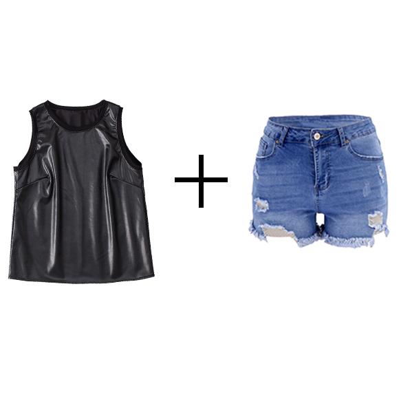 Faux Leather Tank Top with Ripped Denim Shorts Outfit
