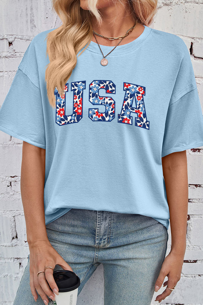 Floral Cotton Graphic Tee Patriotic USA Oversized Top