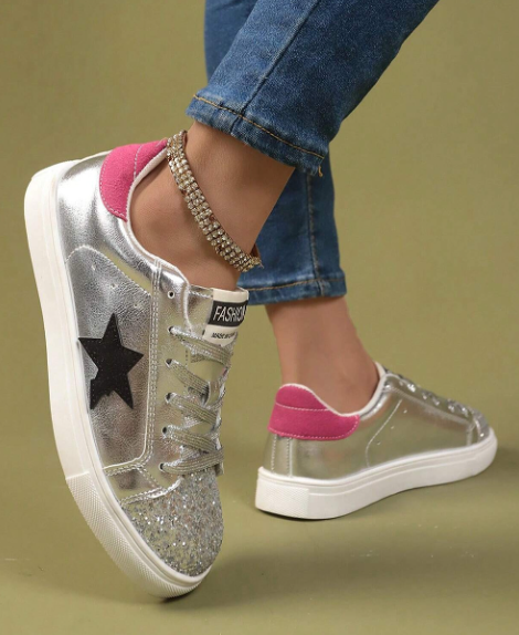 Silvery Metallic Luster Star Pattern Slip On Flat Shoes