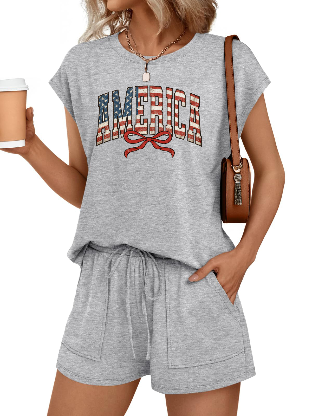 4th of July America Bow Detail Short Set Outfit
