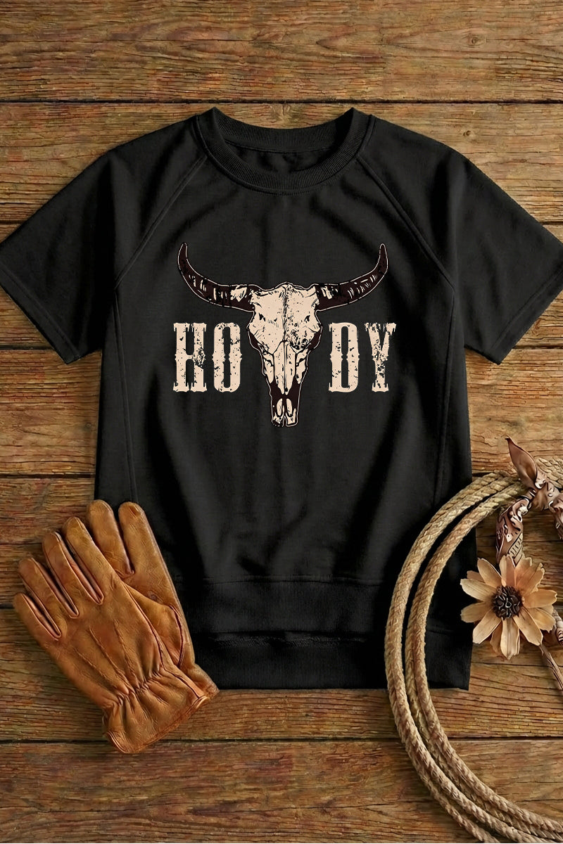 Western Howdy Cow Skull Graphic Tee Vintage Cowboy Top