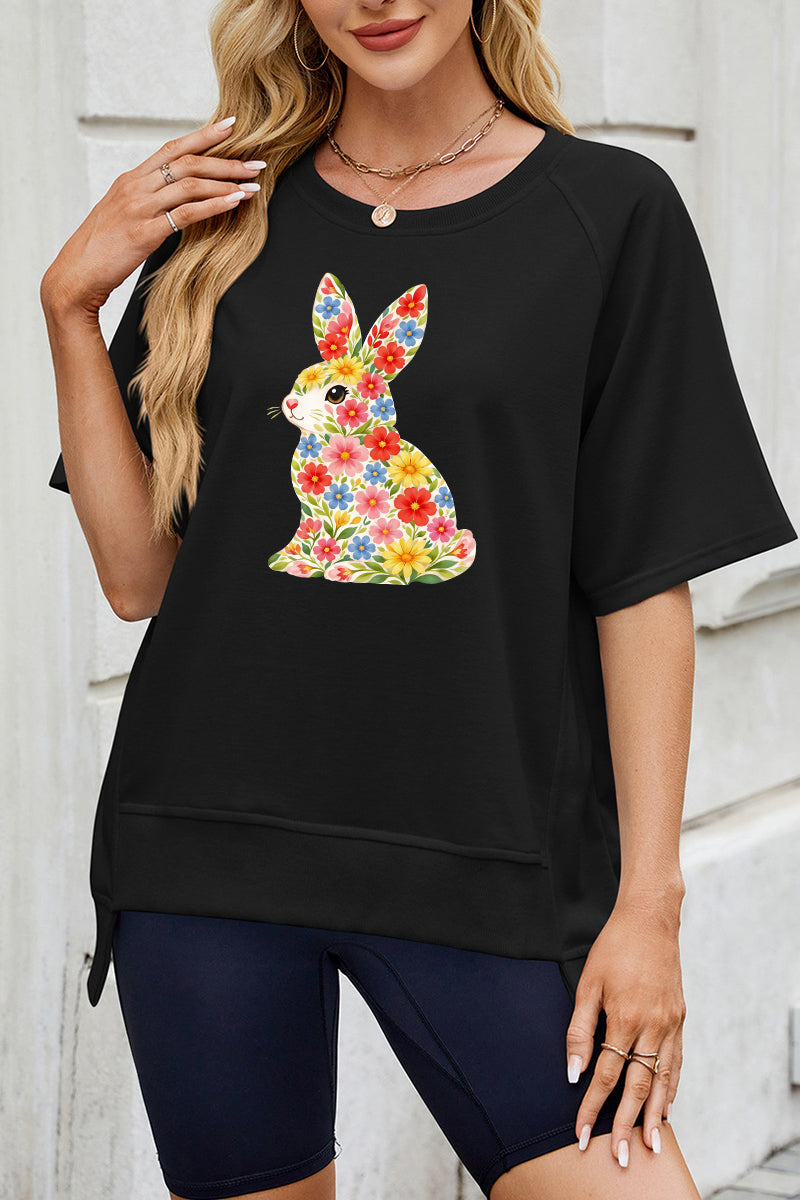 Floral Easter Bunny Graphic Tee Women Spring Casual Top