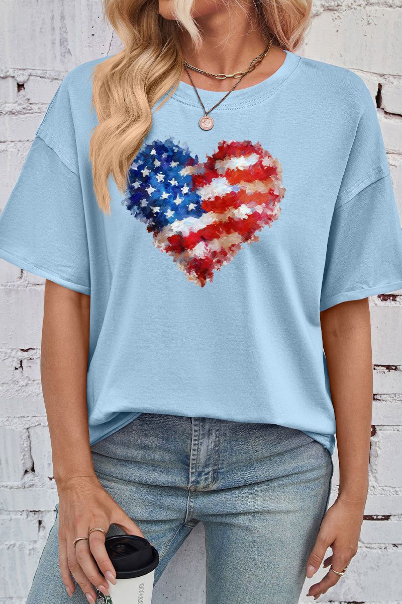 Patriotic Cotton Graphic Tee Oversized Flag Heart Top