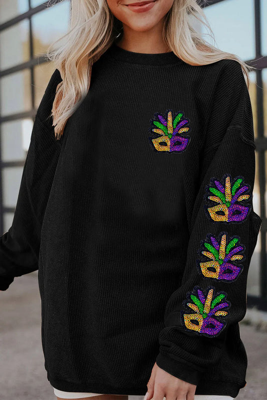 Mardi Gras Mask Patch Sleeve Detail Casual Sweatshirt