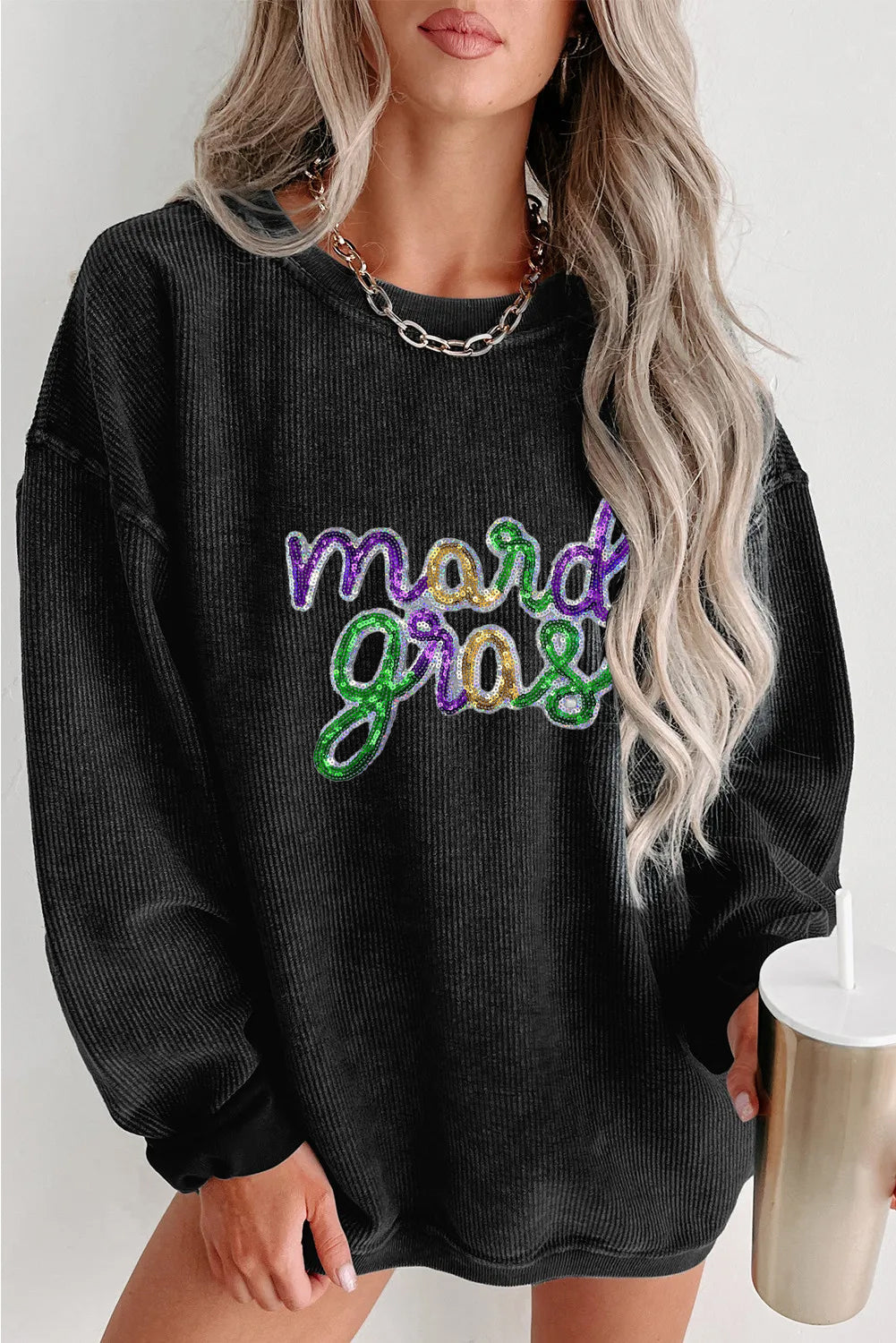 Mardi Gras Sequin Graphic Washed Pullover Sweatshirt