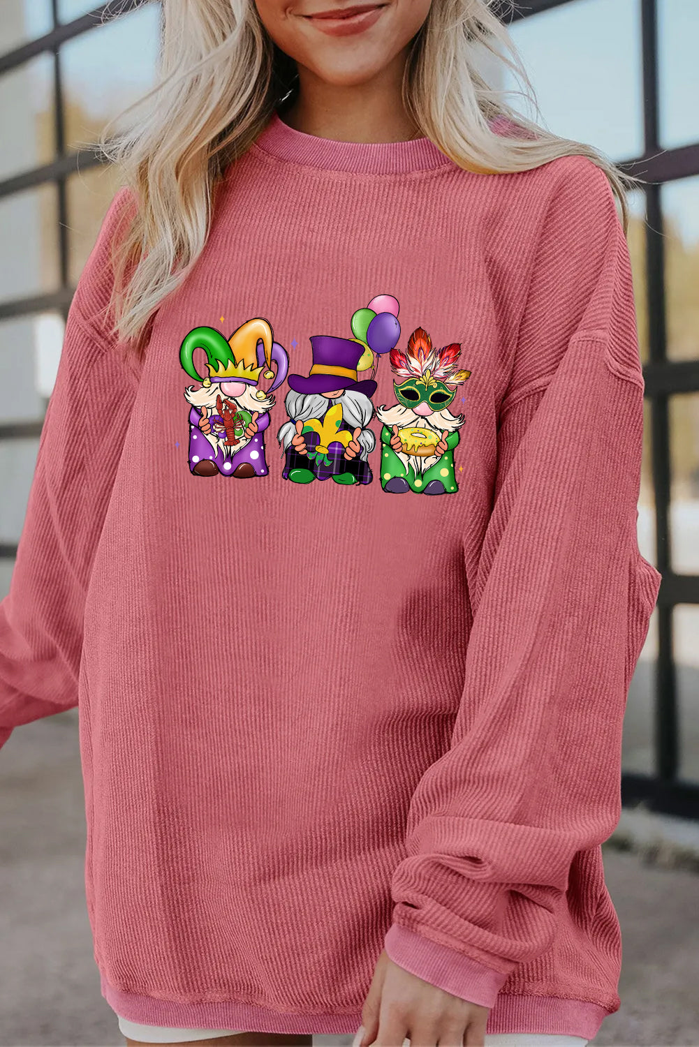 Mardi Gras Trio Gnome Graphic Corded Sweatshirt