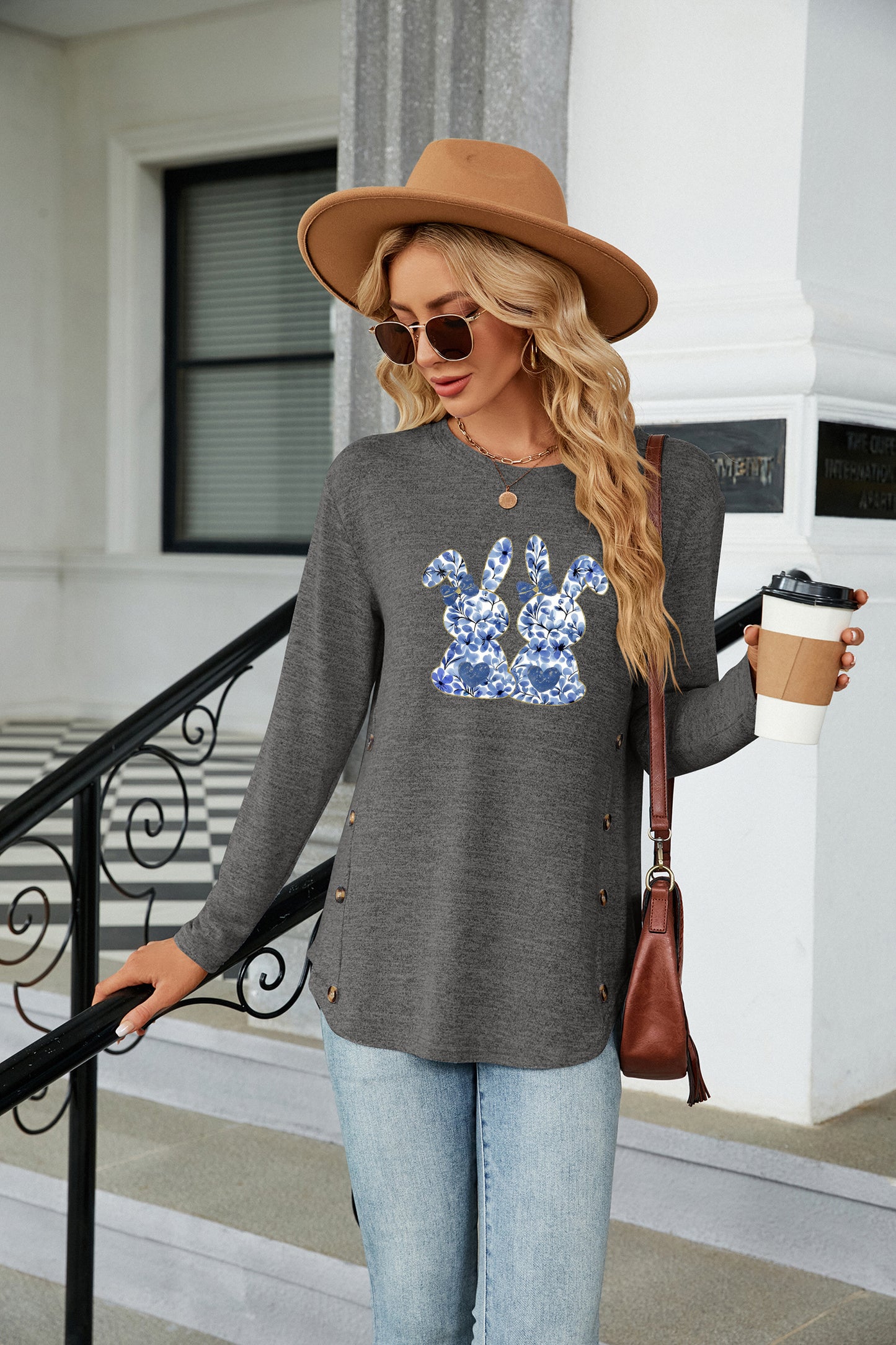 Cute Easter Bunny Graphic Crewneck Long Sleeve Top
