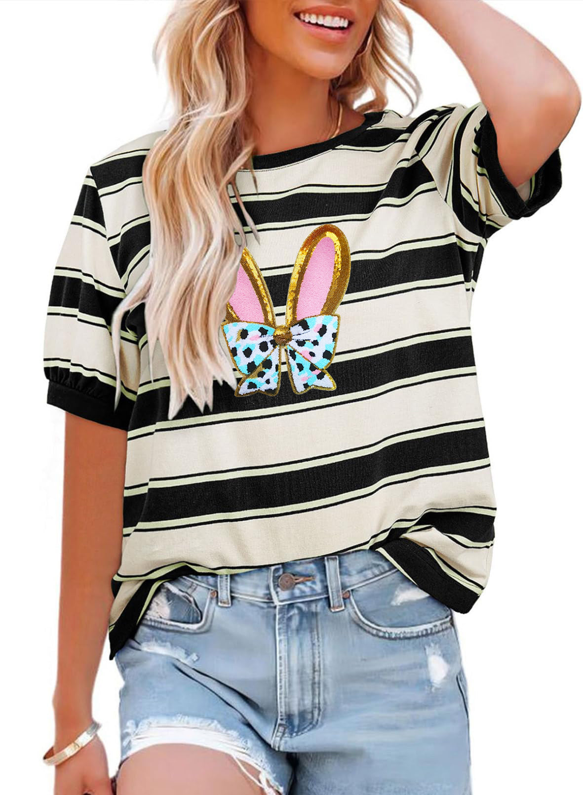 Easter Bunny Bow Graphic Striped Short Sleeve T Shirt