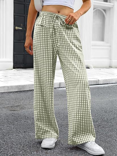 Womens Plaid Wide Leg Drawstring Waist Casual Pants
