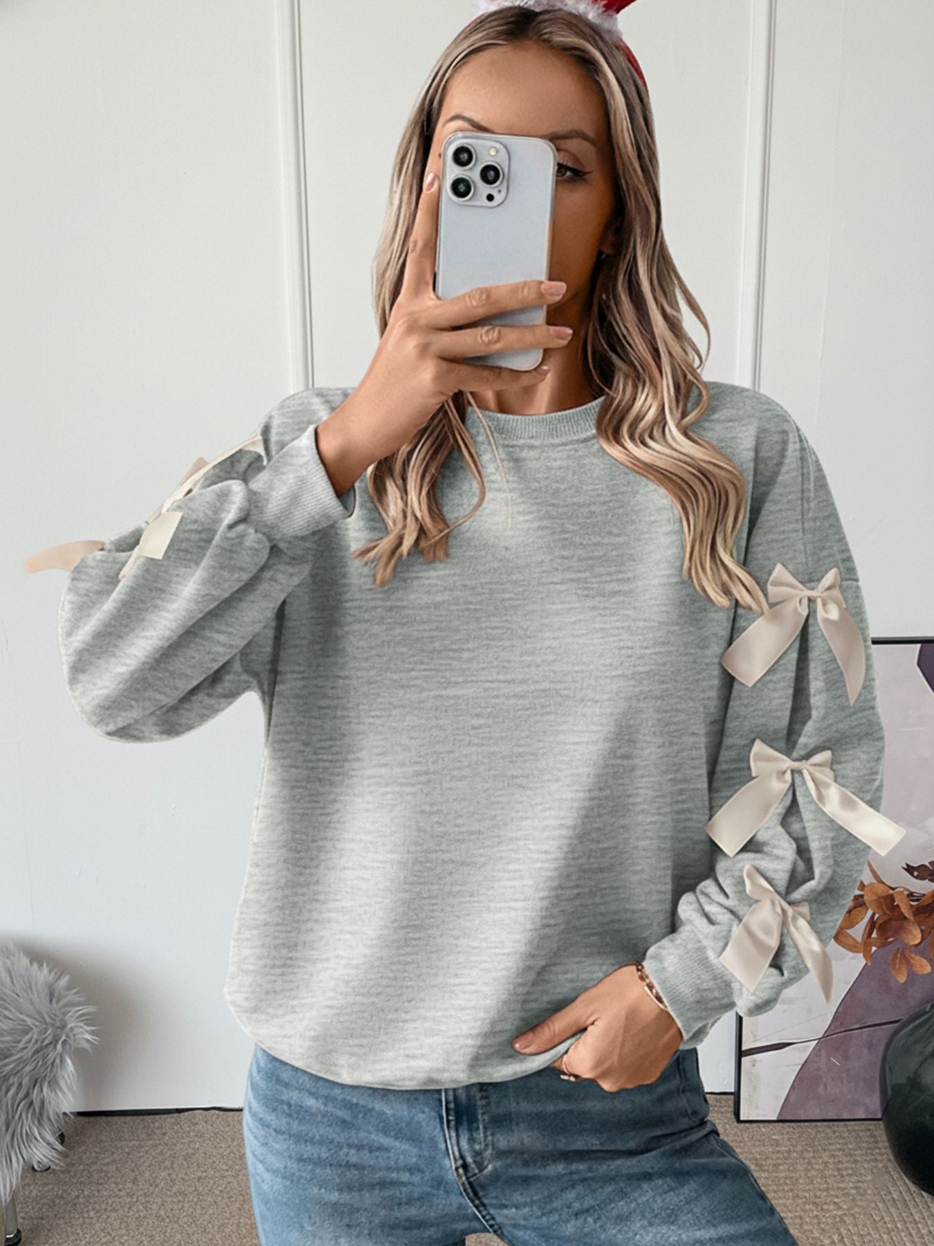 Crew Neck Pullover Top 3D Bowknot Trim Loose Sweatshirts