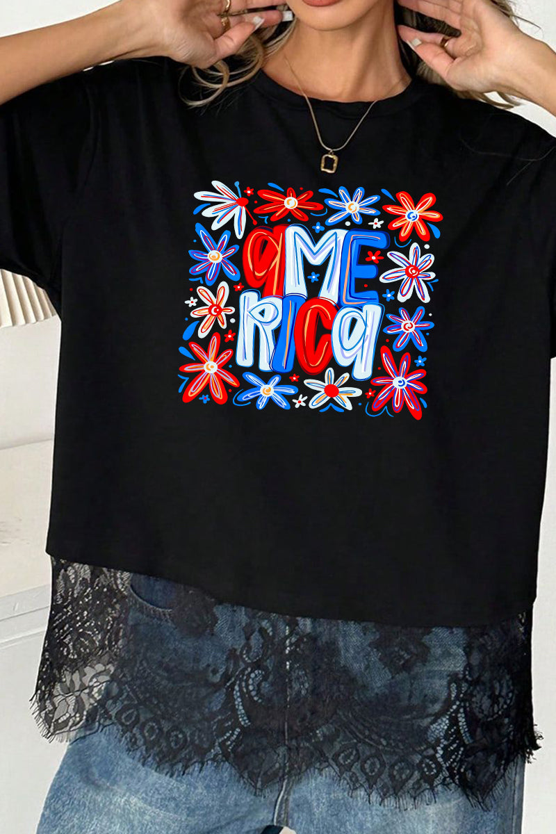 Patriotic Polyester Tee 4th July Flower Graphic Top
