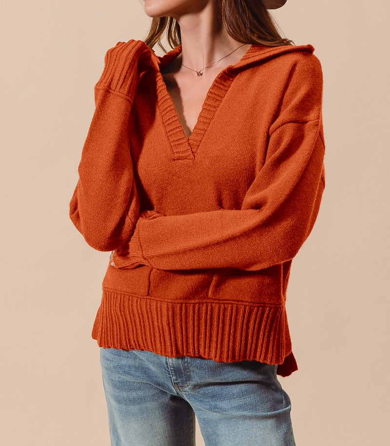 Fall V Neck Knit Sweater with Collar and Pockets