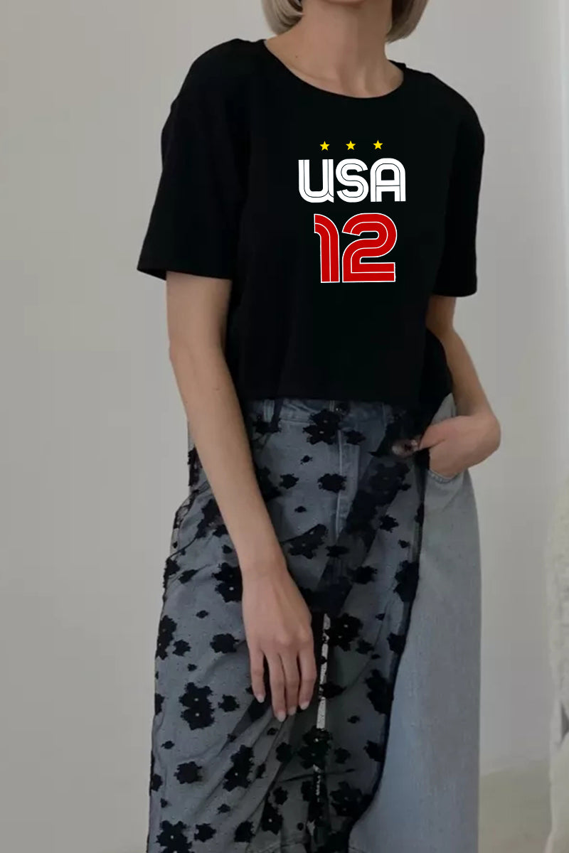 USA 12 Graphic Crop Tee Casual Short Sleeve Patriotic T Shirt Women