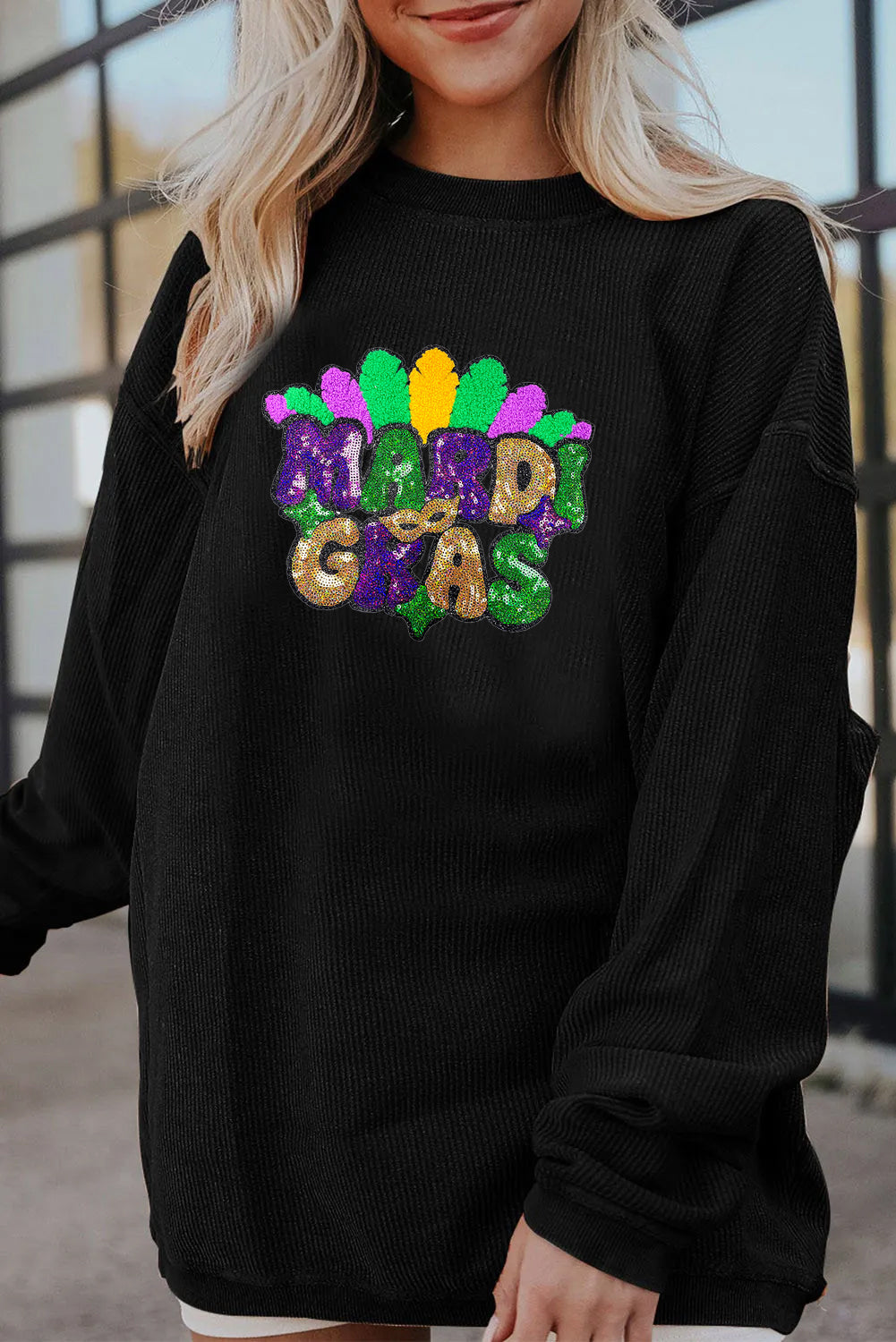 Mardi Gras Beaded Sequin Graphic Corded Sweatshirt