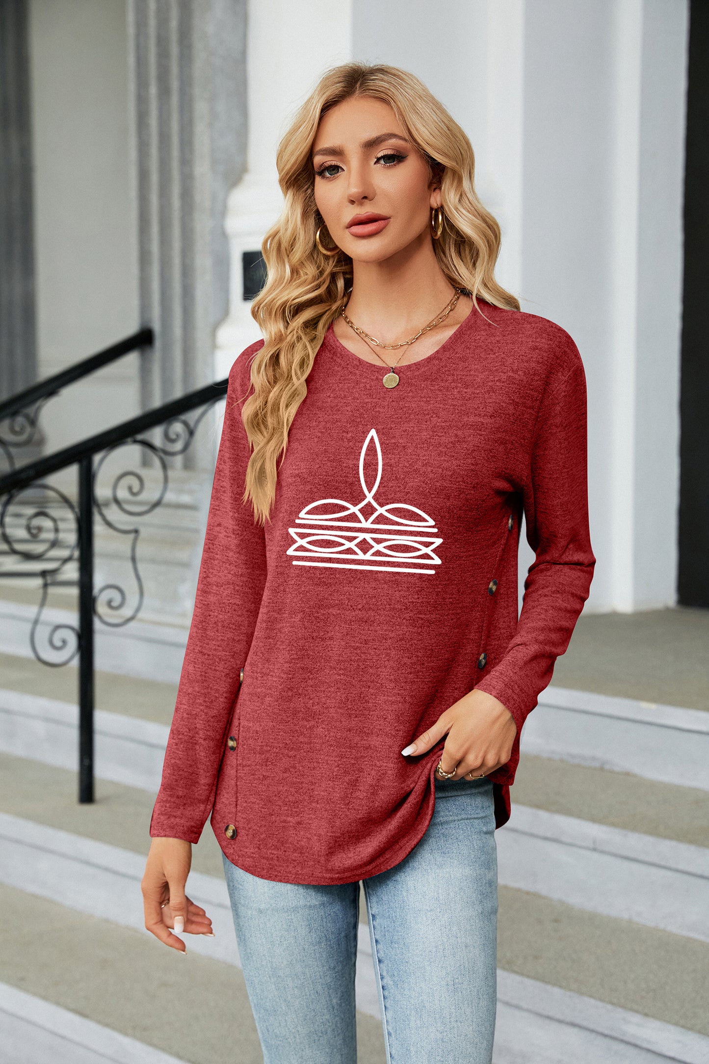 Western Minimal Line Art Long Sleeve Casual Top