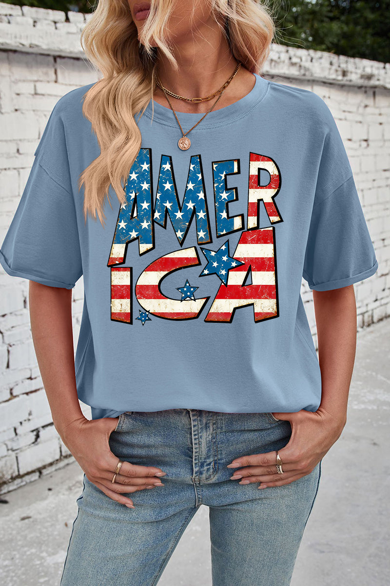 America Flag Print Rayon Tee Oversized Patriotic Top