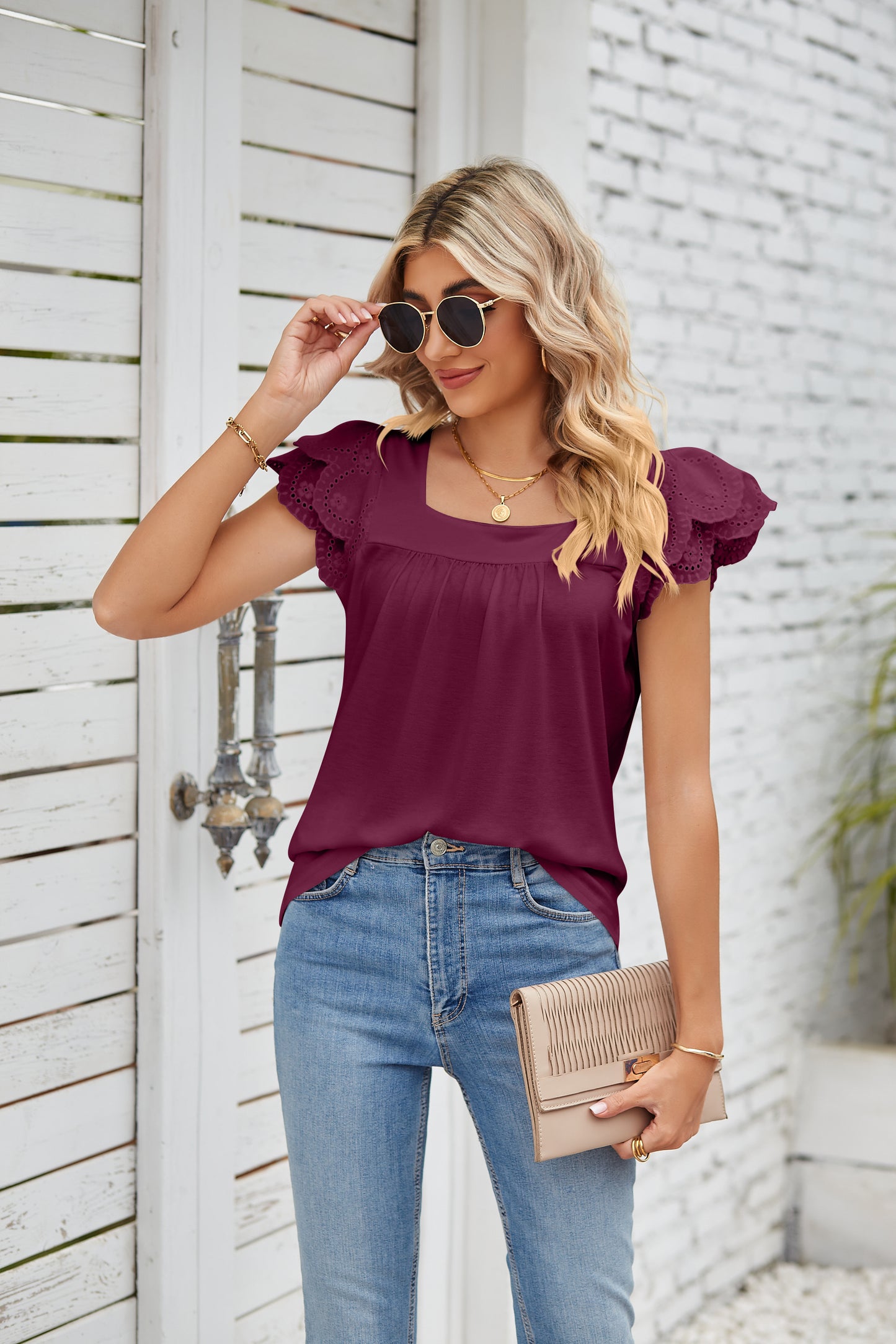Lace Stitching Square Collar Petals Short-Sleeved T-Shirt