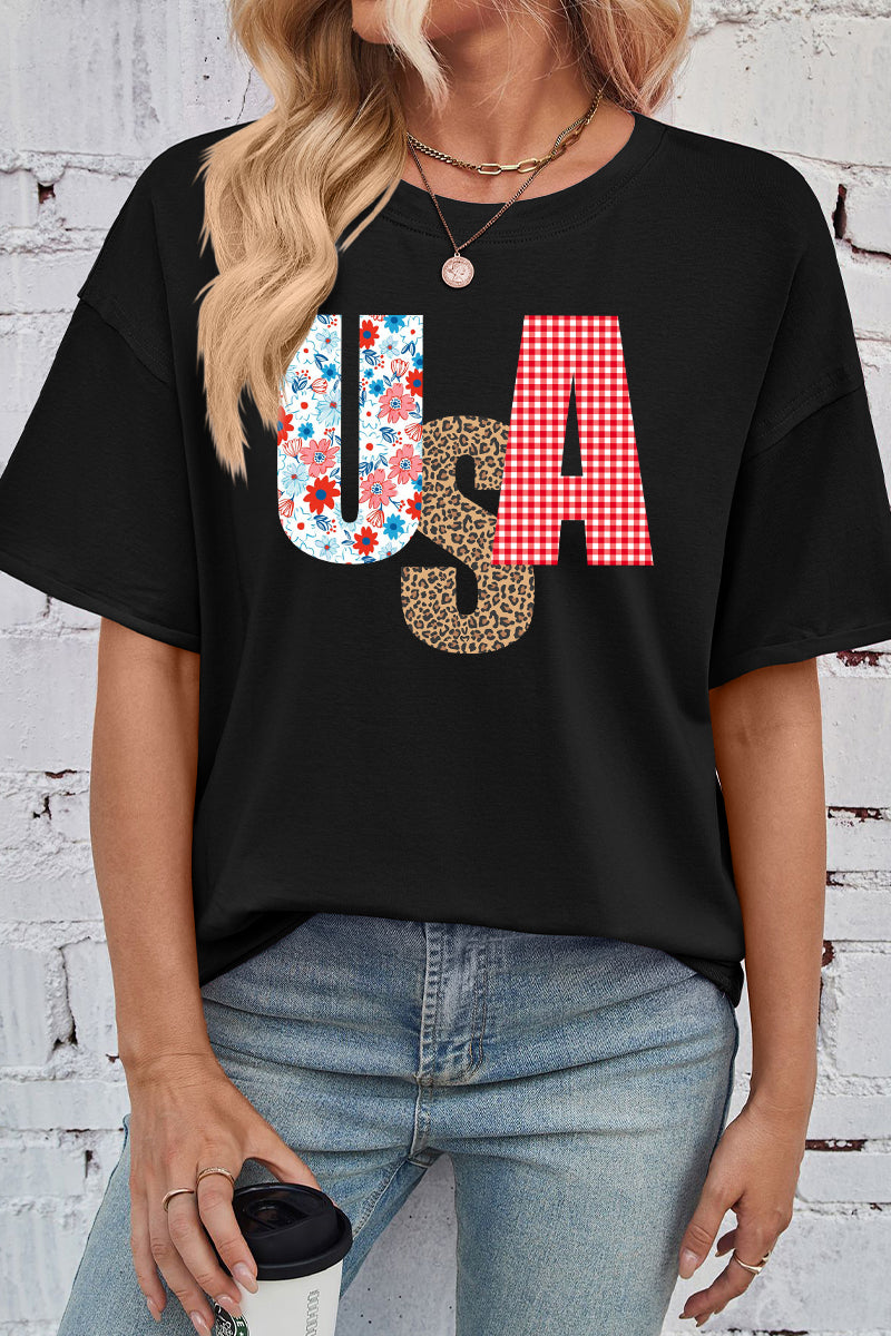Patriotic Cotton Graphic Tee Oversized USA Leopard Top