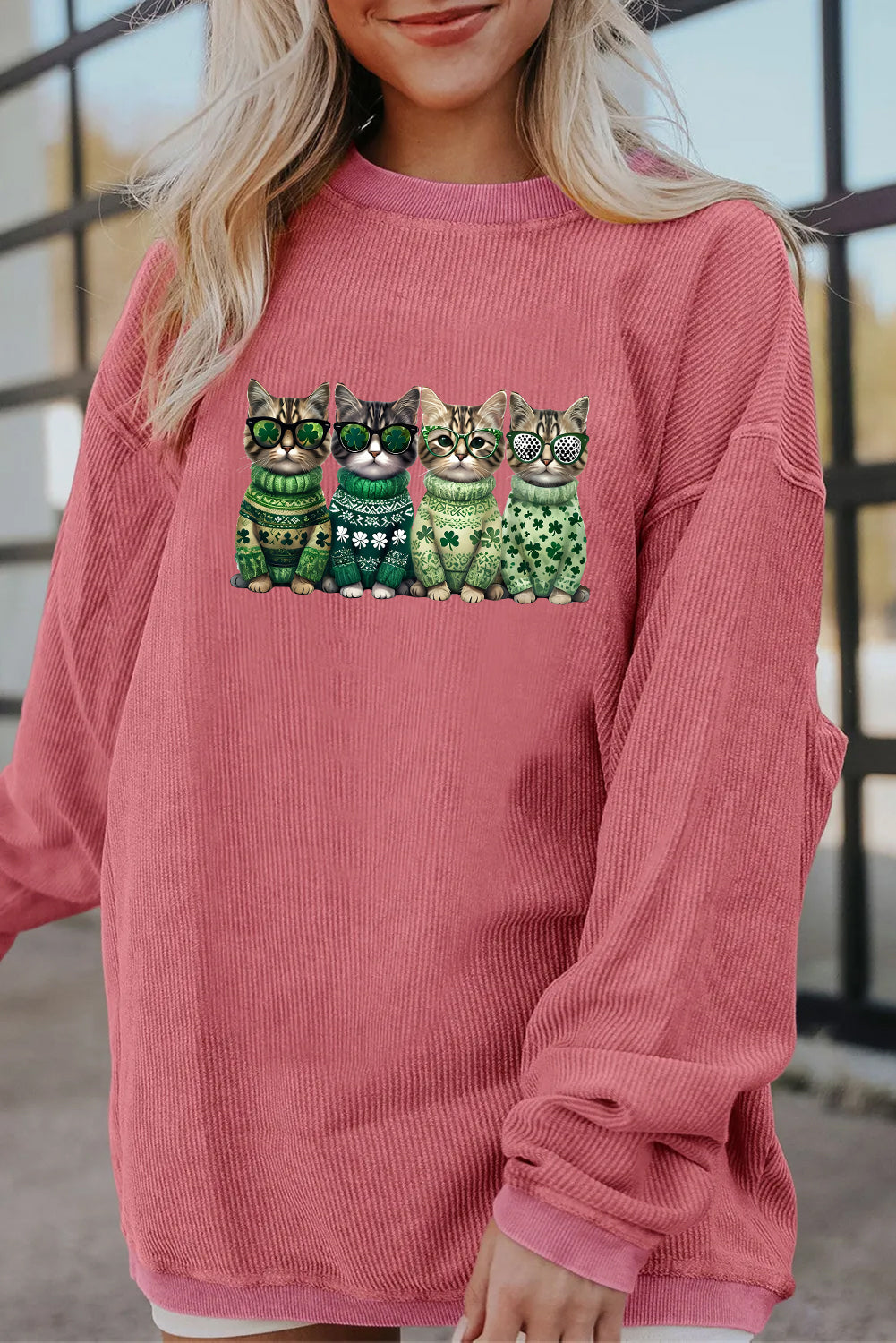 Saint Patrick’s Day Lucky Cats Graphic Corded Sweatshirt