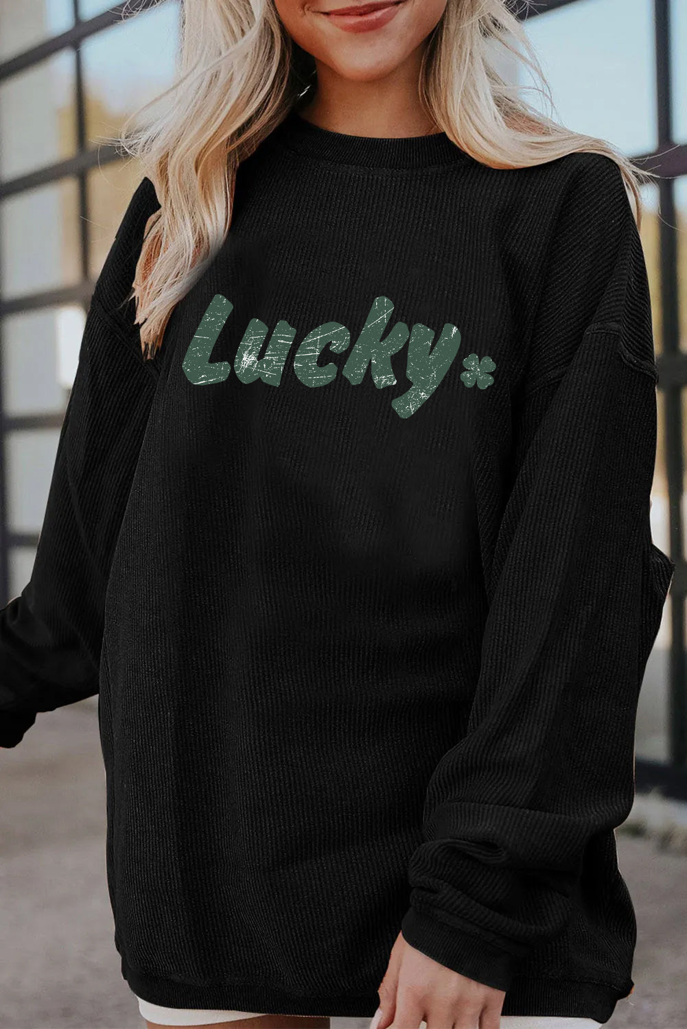 Saint Patrick’s Day Lucky Clover Graphic Corded Sweatshirt