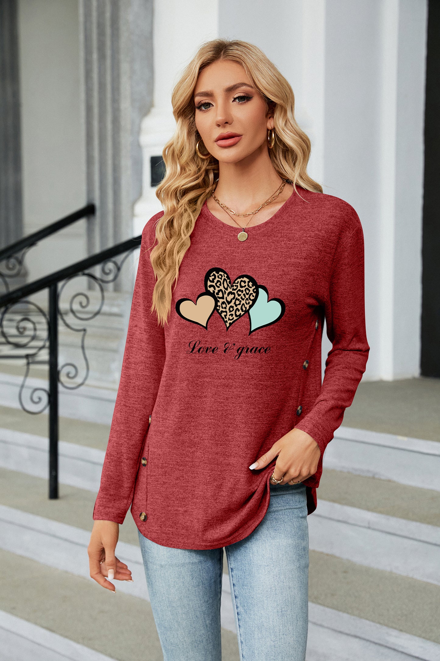 Valentine's Day Leopard Heart Graphic Everyday Long Sleeve