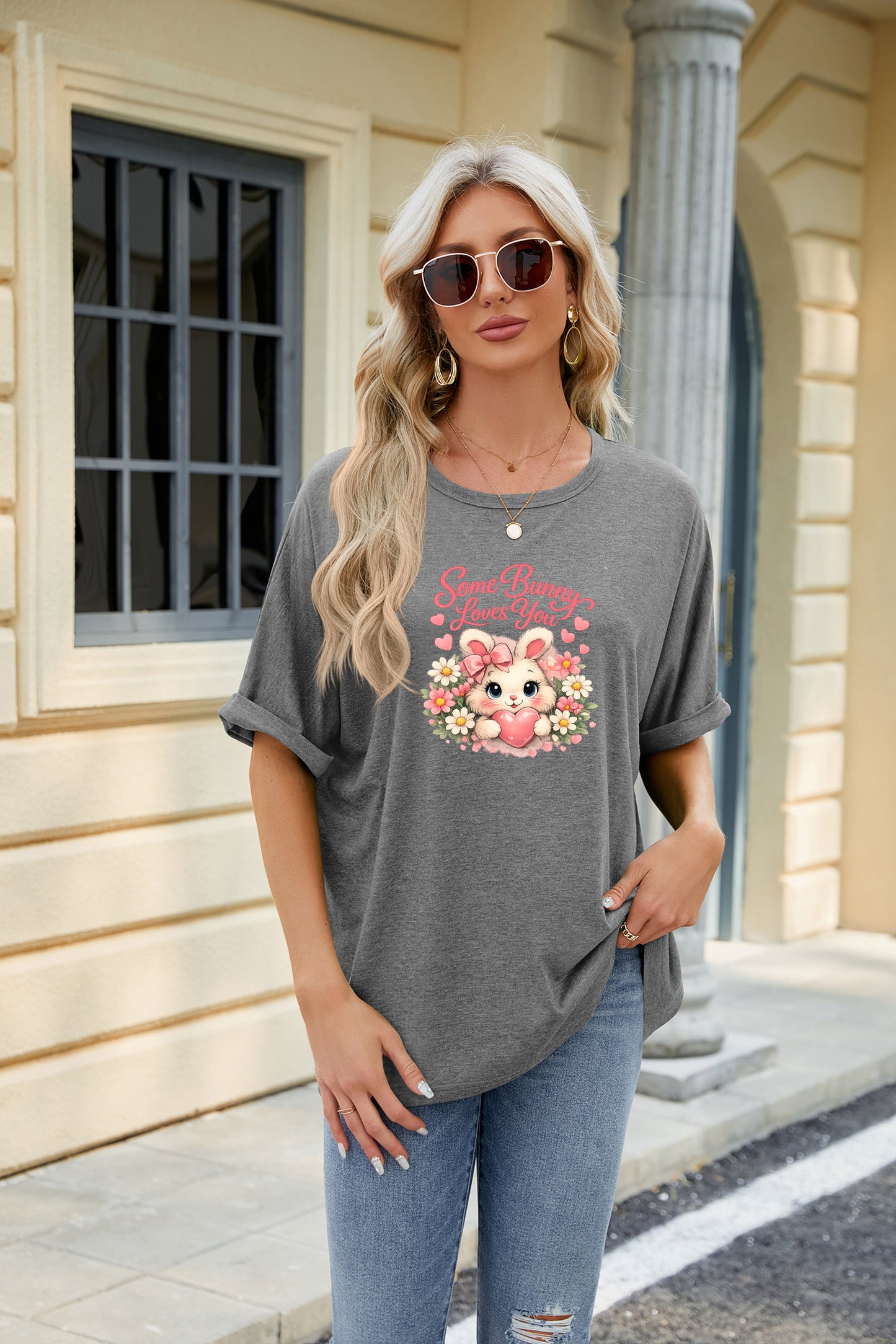 Easter Clover Heart Graphic Oversized Casual T Shirt