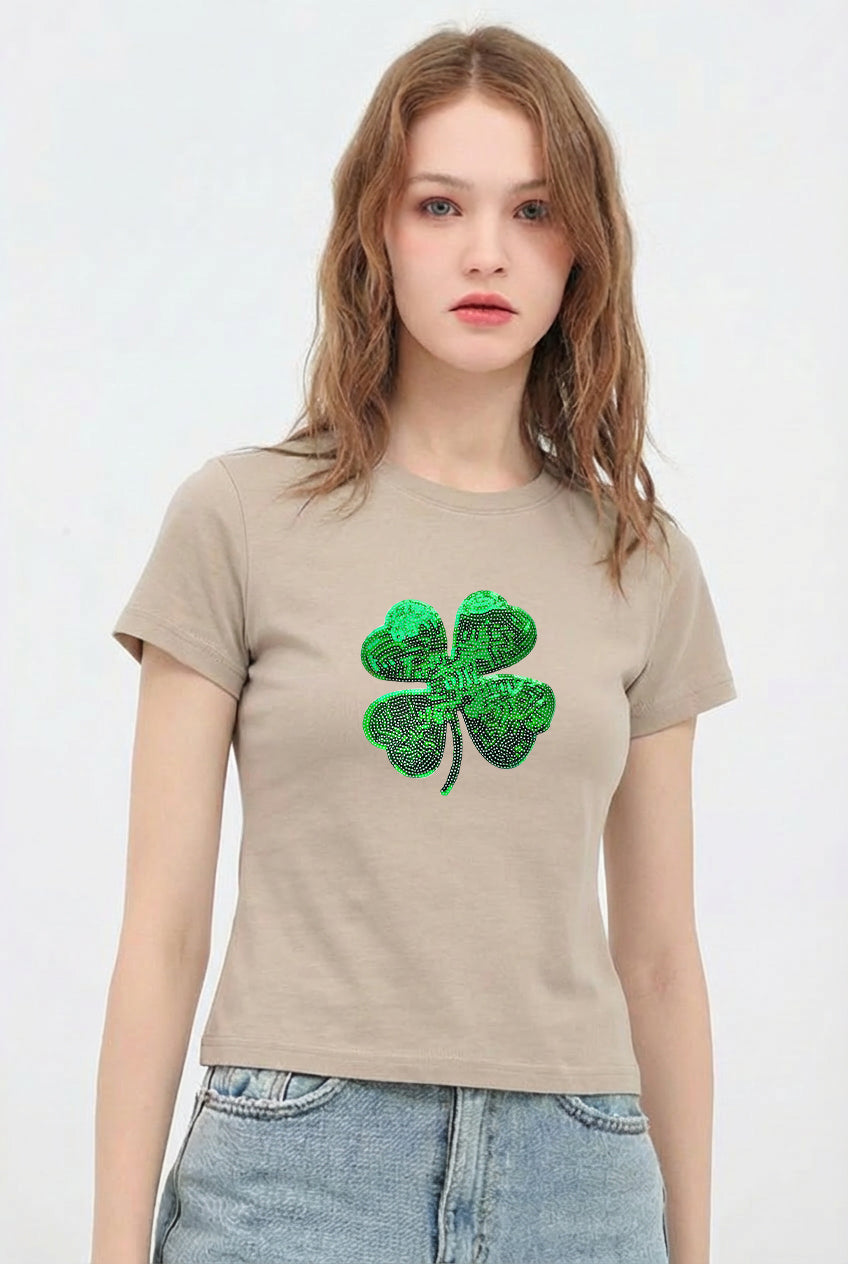 St Patricks Day Sequin Shamrock Crop T-Shirt