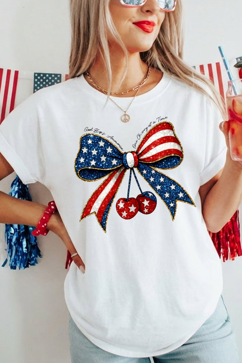 Women 4th of July Patriotic Bow Graphic T Shirt