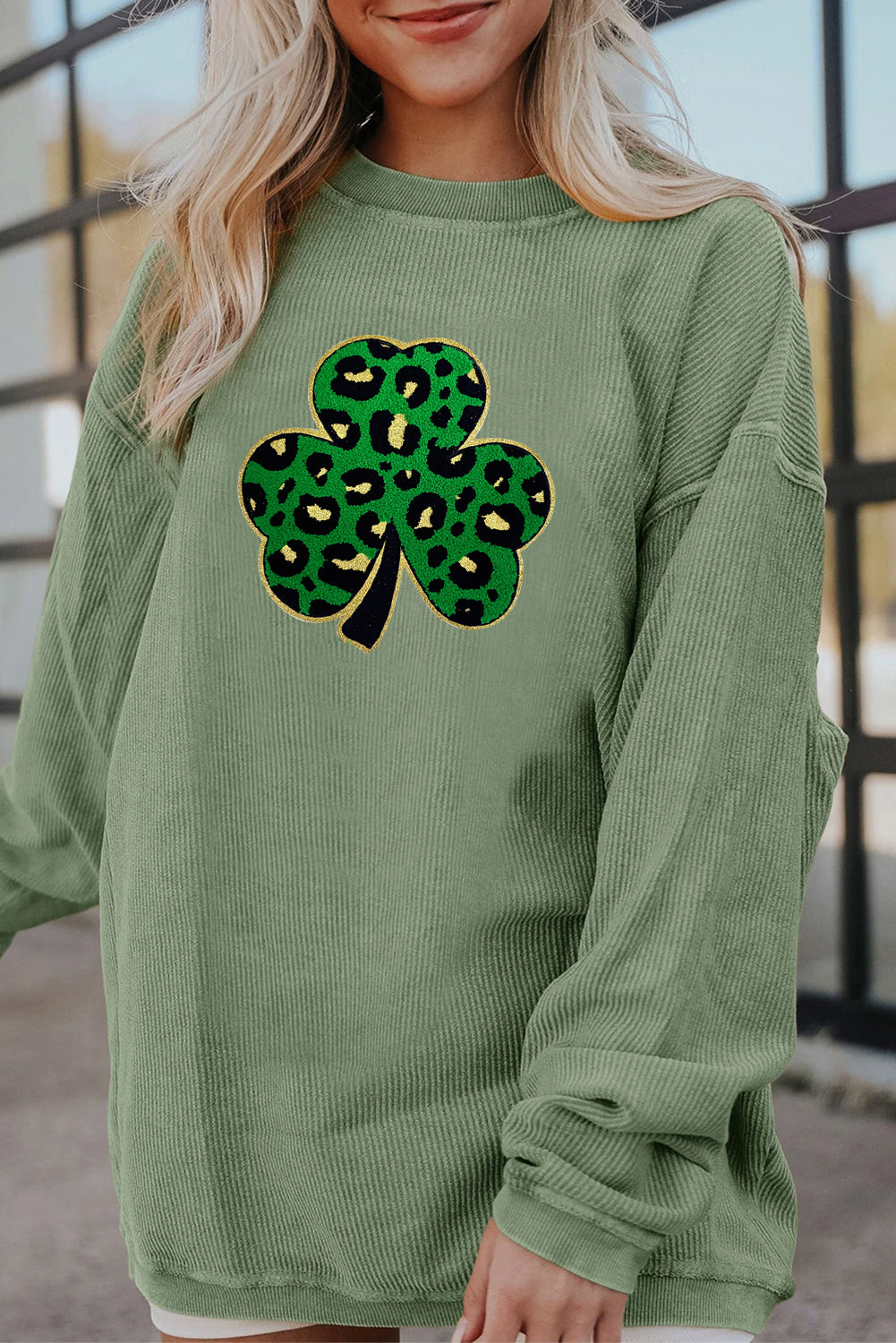 Saint Patrick’s Day Leopard Shamrock Corded Sweatshirt