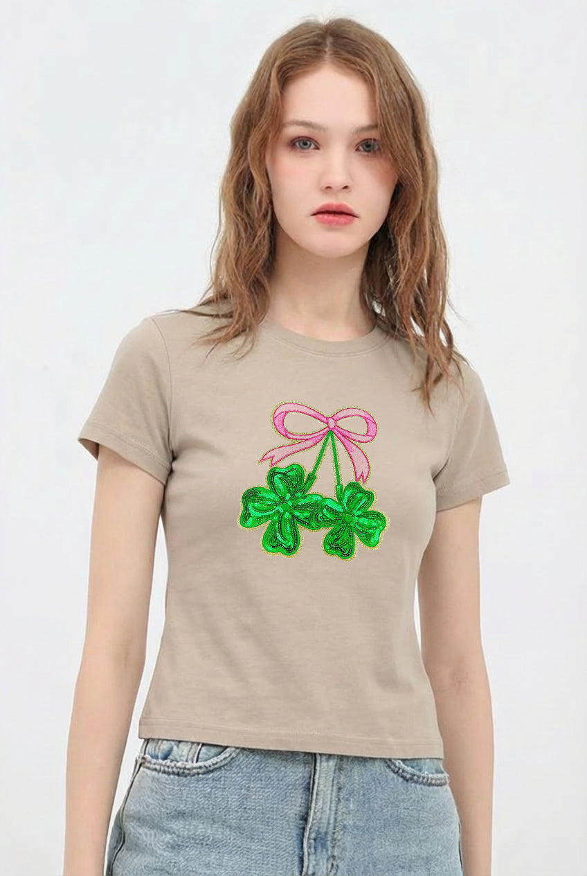 St Patricks Day Bow Shamrock Sequin Crop T-Shirt