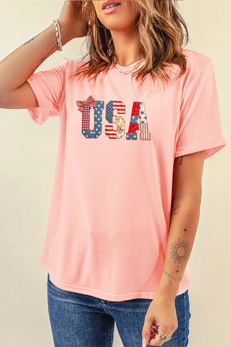 USA Patchwork Bow Graphic Tee Women Patriotic Summer Shirt