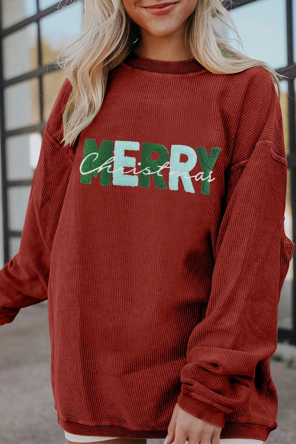Racing Red MERRY Christmas Chenille Embroidered Corded Sweatshirt