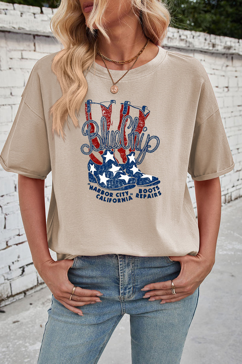 Blue Chip Boots Print Rayon Tee Oversized Patriotic Top