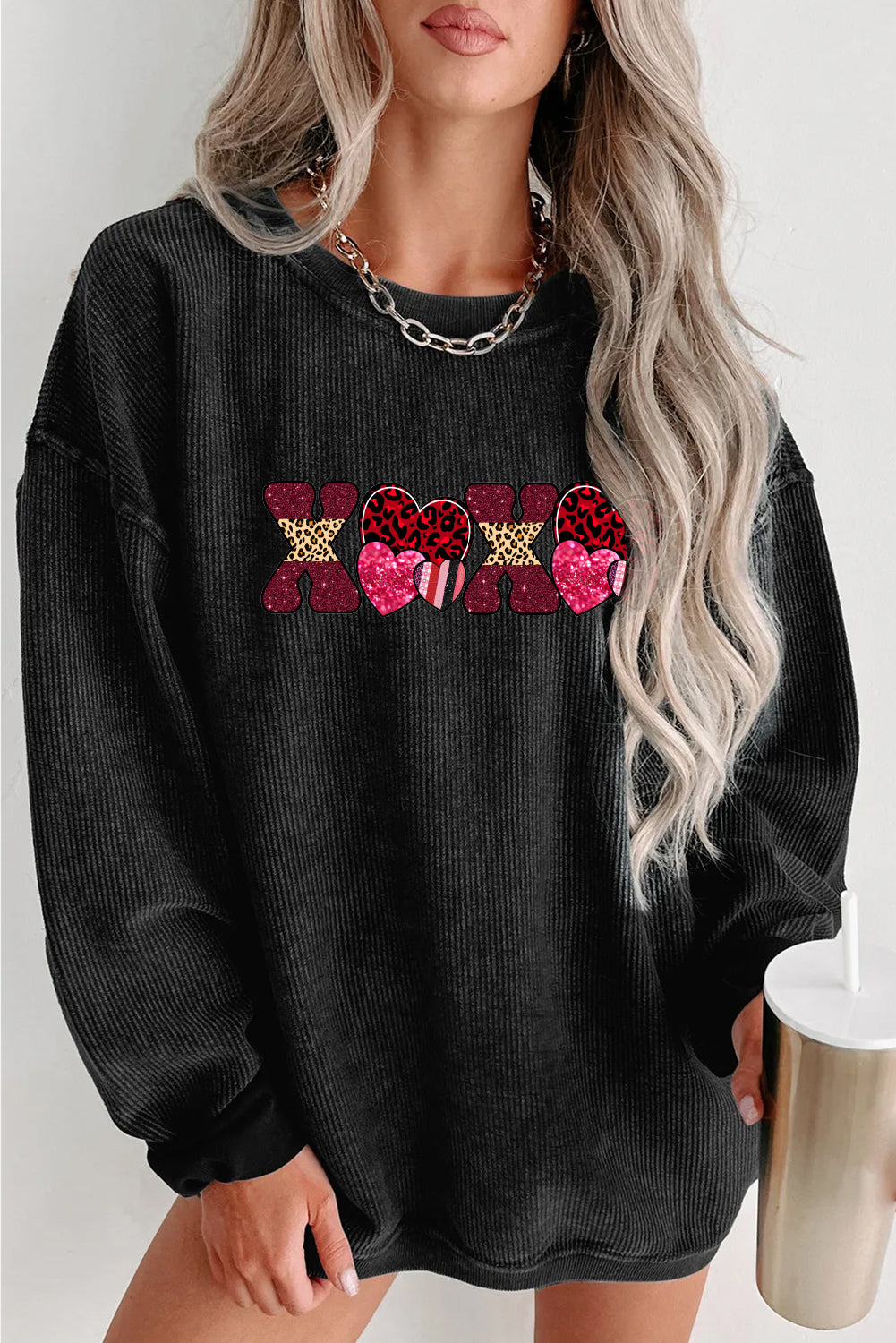 Valentines Day XOXO Sequin Letter Cozy Sweatshirt